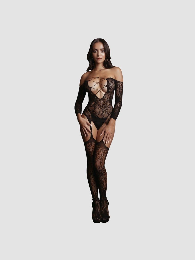 Combinaison Porte-Jarretelles DES032 Col Croisé Noire