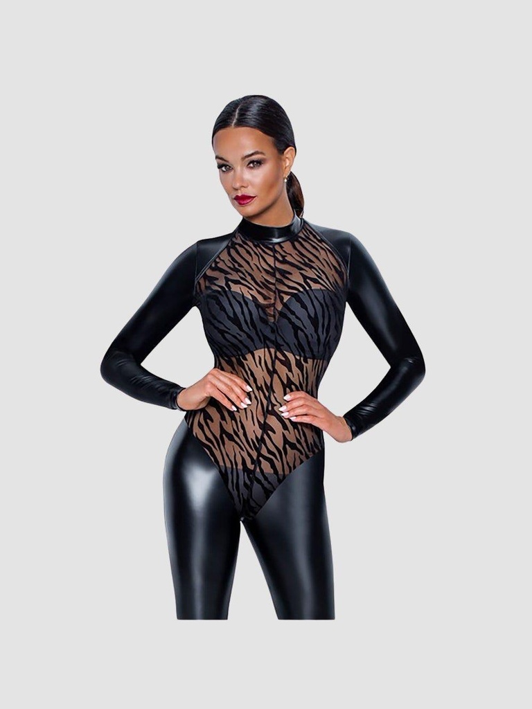 Combinaison Maille Transparente & Wetlook Motif Tigre Noire