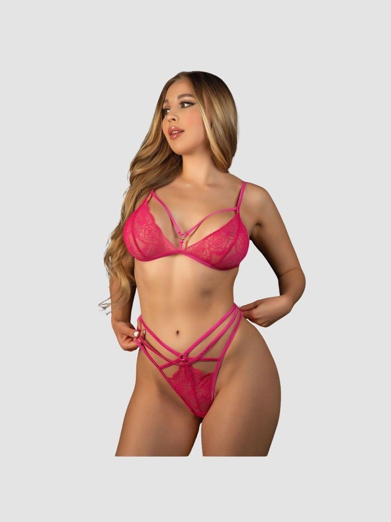 Ensemble 2 pièces dentelle & lanières rose